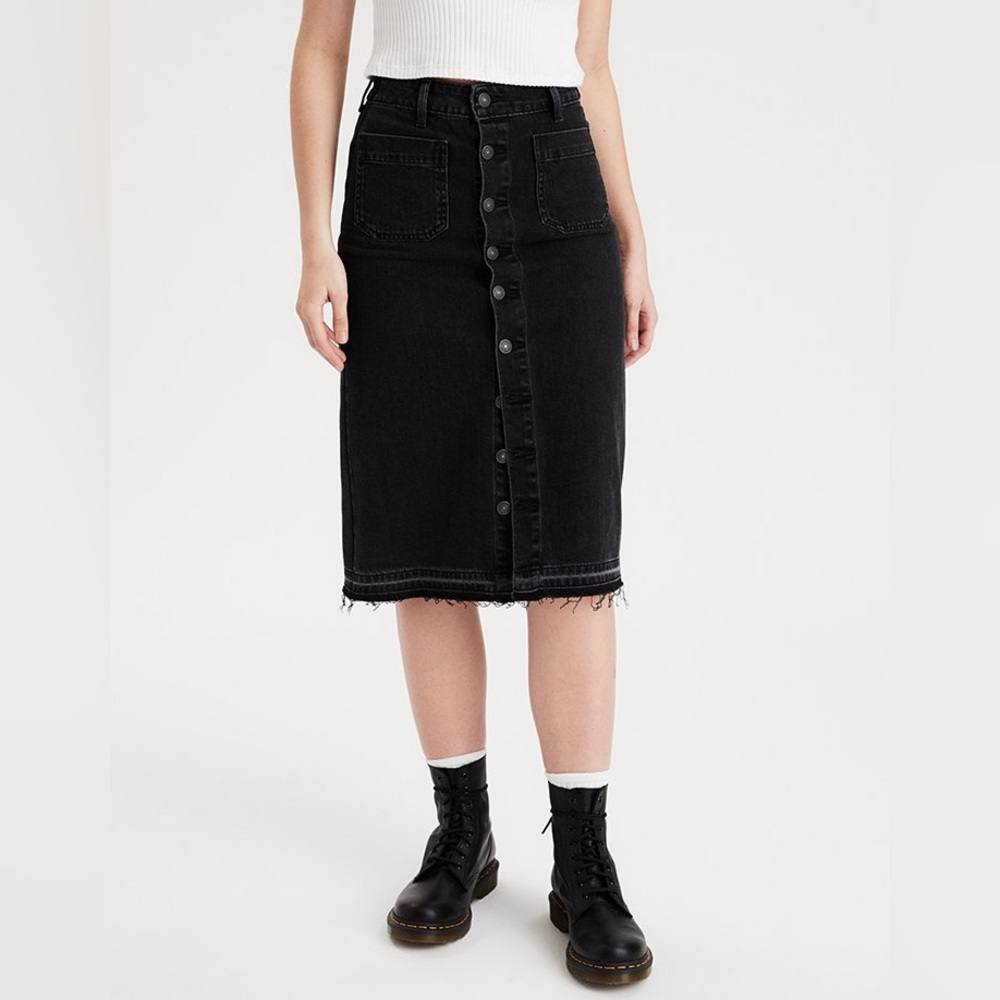 American Eagle Outfitters Super High Waisted Midi Skirt in Black Denim